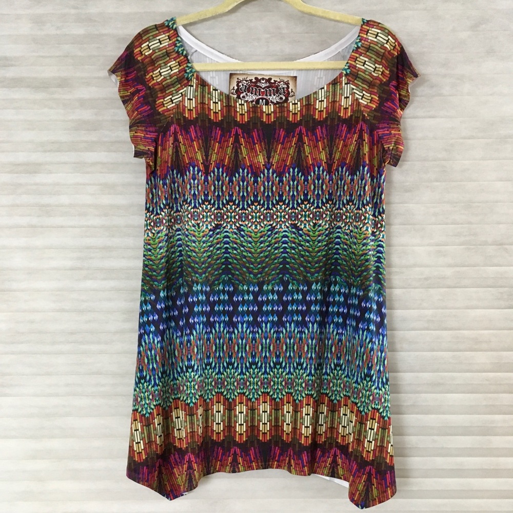 Short sleeve tribal multi color top, size M